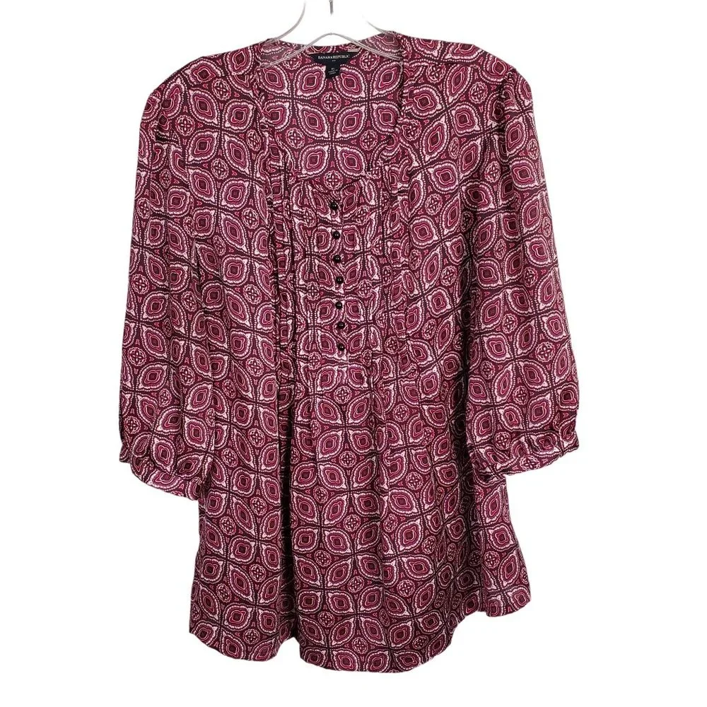Banana Republic Size XL Blouse Half Button Peasant Puff Sleeve Pullover Maroon